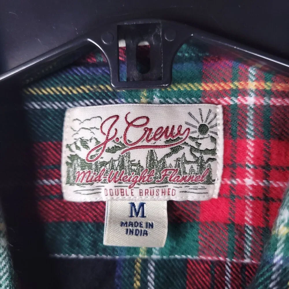 J Crew Flannel Shirt Mens Medium Plaid Red, Green Mid Weight Double Brushed